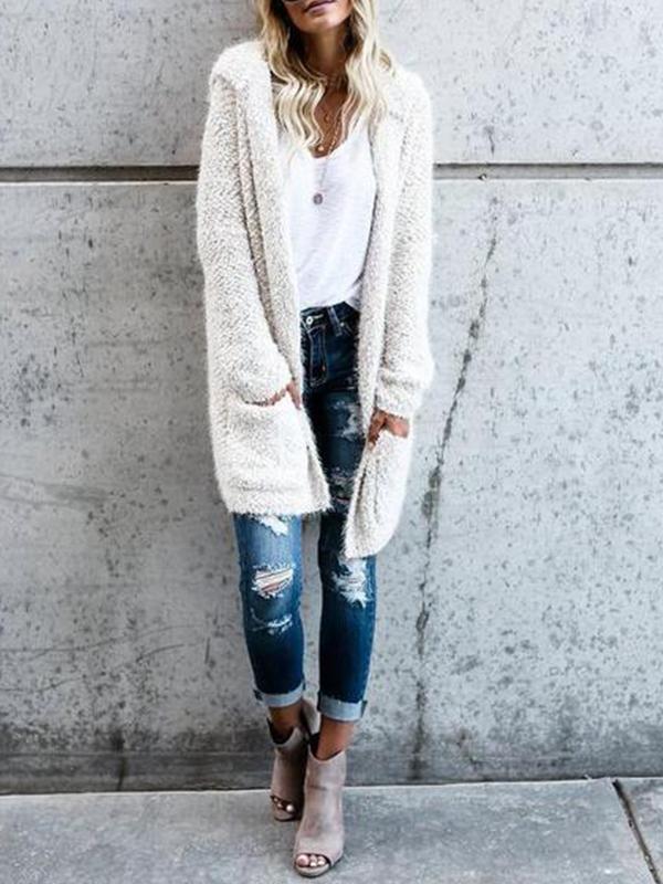 Mid-Length Knit Cardigan Solid Color Plush Coat Outwear