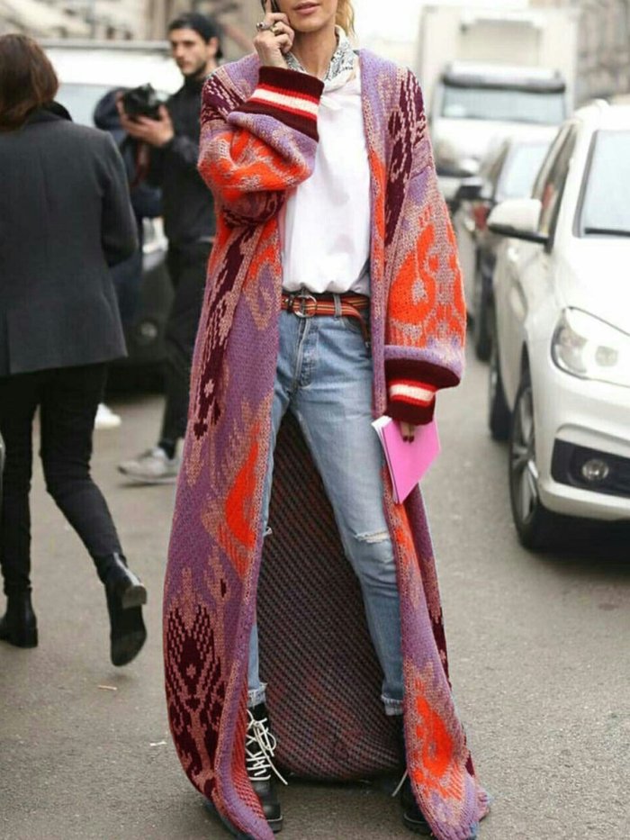 Blue Knitted Printed Long Sleeve Outerwear