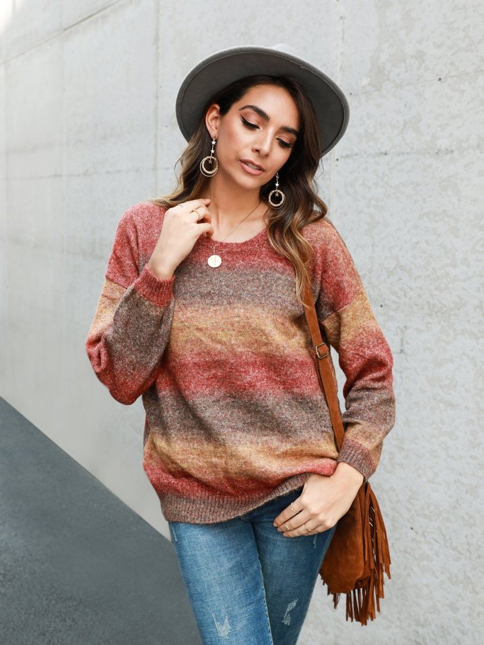 Color-Block Long Sleeve Crew Neck Work Sweaters