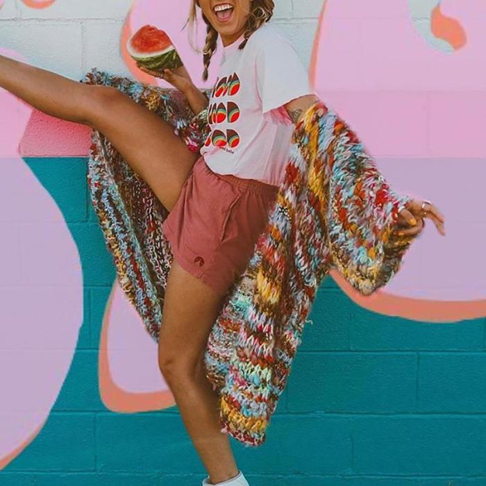 Cute A Lapel Knit Printed Color Cardigan