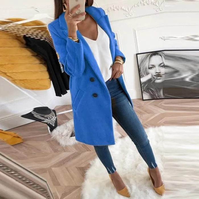 Lapel Long Sleeve Plain Button Pocket Casual Coats