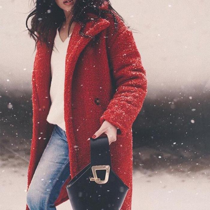Fashion Lapel Pocket Long Sleeve Polar Fleece Coats