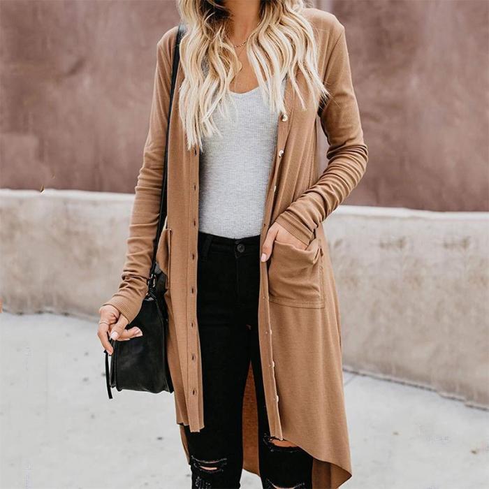 Casual Long Sleeve Pure Color High-Low Cardigan