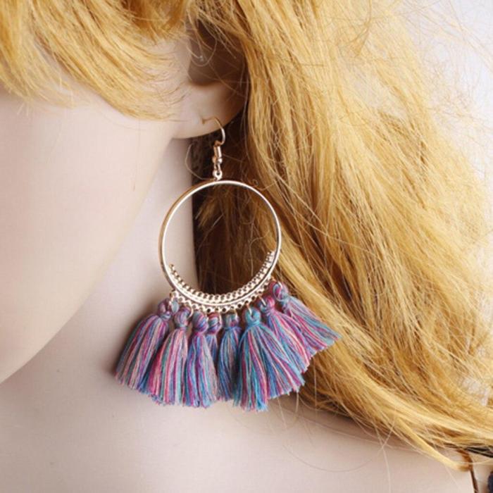 Bohemia Style Colorful Thread Tassel Pendants Big Round Hoop Earring