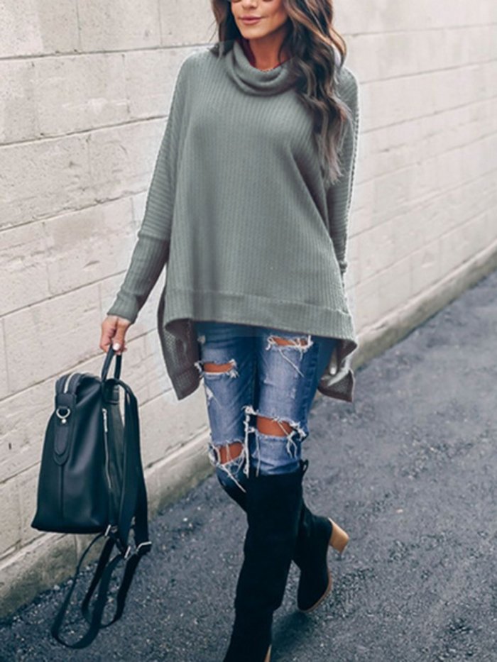 4 Colors Elegant Turtle Neck Paneled Knit Wear Sweaters