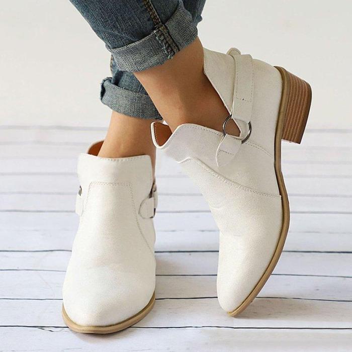 Pointed Toe Buckle Decoration Chunky Heel Short Boots Adjustable Buckle Plus Size Shoes