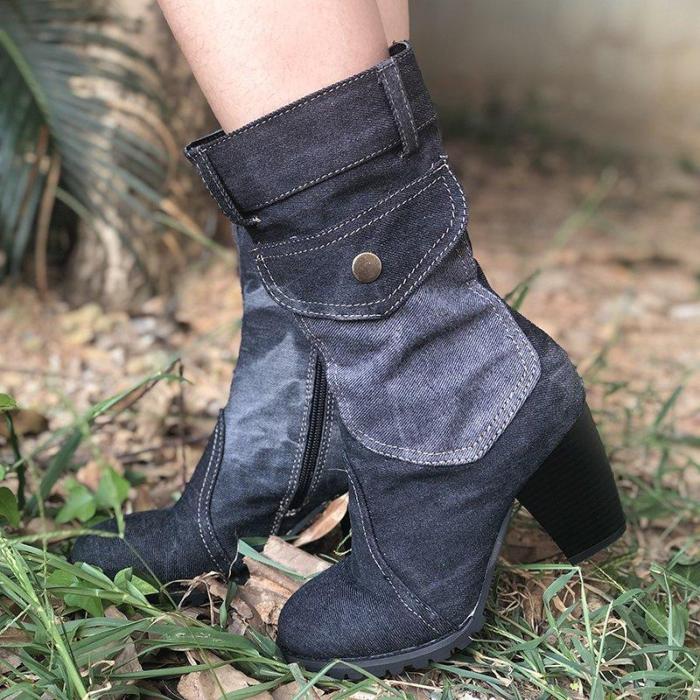 Mid-rise chunky with casual denim booties