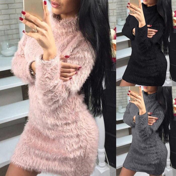 High Neck  Plain  Long Sleeve Bodycon Dresses
