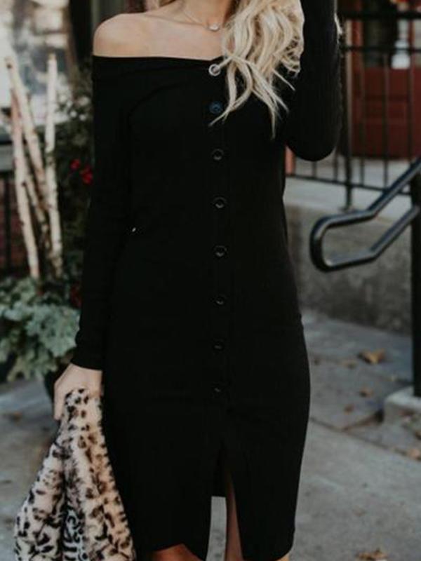 Off Shoulder  Single Breasted  Plain  Long Sleeve Bodycon Dresses