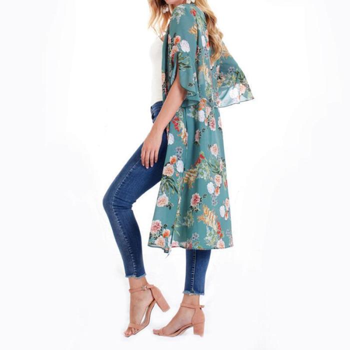 Female European And American Printed Chiffon Bat Sun Protective Cardigan