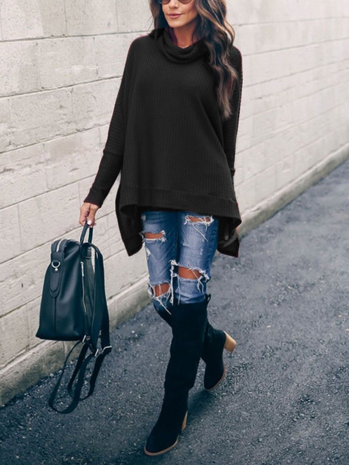 4 Colors Elegant Turtle Neck Paneled Knit Wear Sweaters
