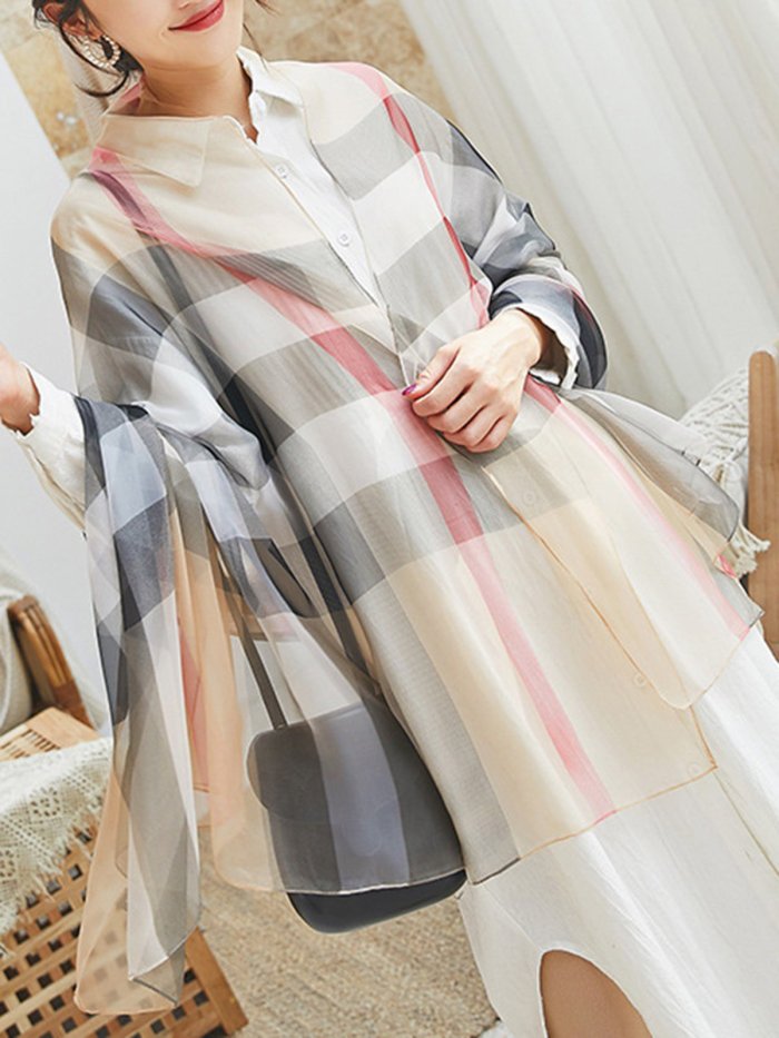 Khaki Checkered/plaid Printed Silk-Blend Scarves