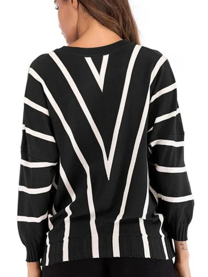 V  Neck  Striped  Basic Sweaters