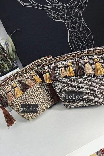 Women's Beach Tassel Zipper Woven Straw Sling Bag