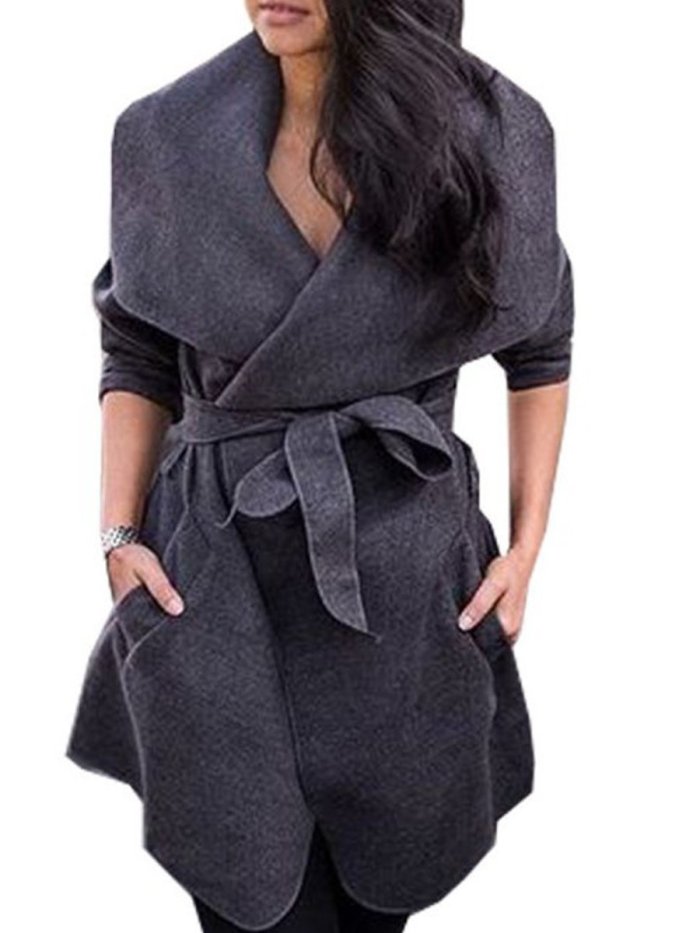 Lapel  Belt  Plain  Long Sleeve Trench Coats