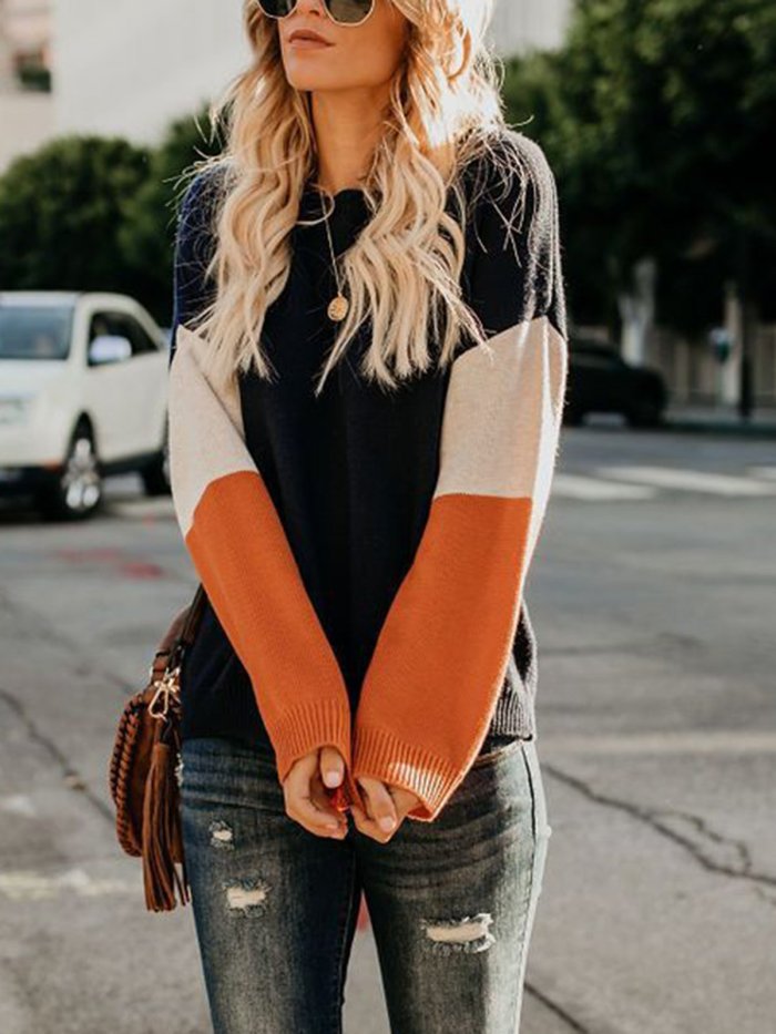Patchwork Round Neck Casual Sweater