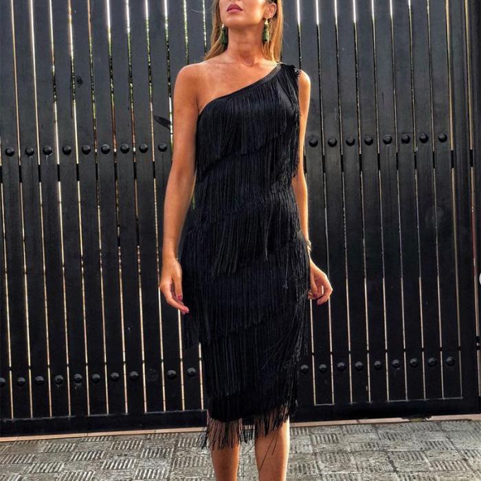 Sexy Sloping Shoulder Tassel Sleeveless Bodycon Dresses