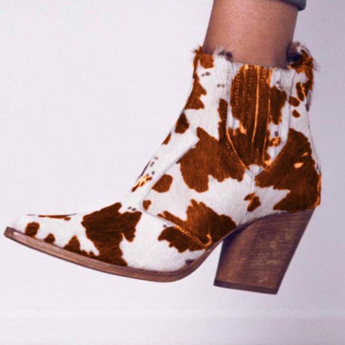 Leopard PU artificial leather chunky heel boots