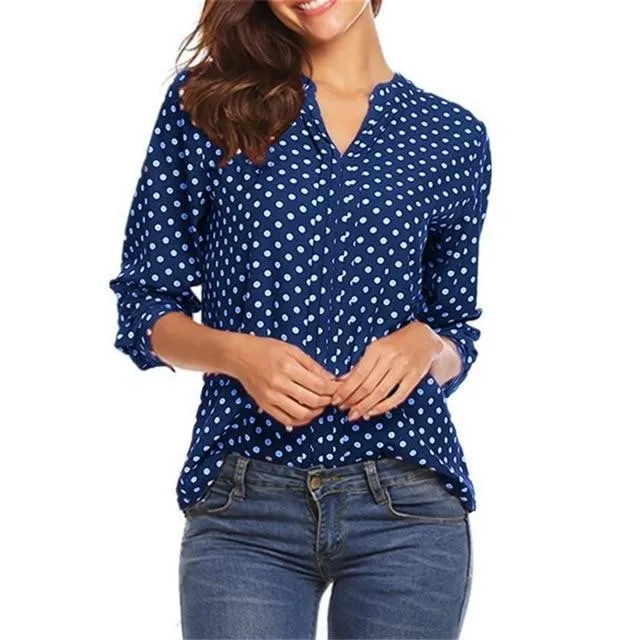 Plus Size Polka Dot Chiffon Blouse Shirts V-neck Long Sleeve Tops