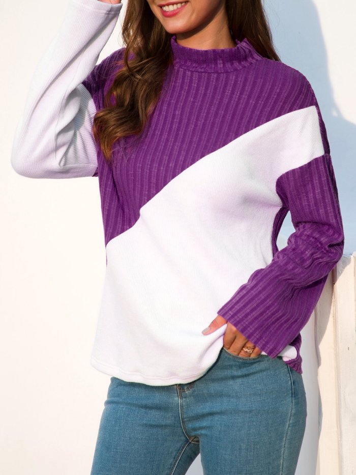 Color-Block Paneled Long Sleeve Stand Collar Shift Sweaters