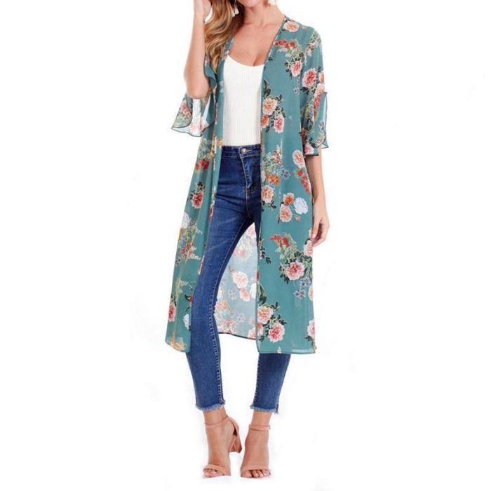 Female European And American Printed Chiffon Bat Sun Protective Cardigan