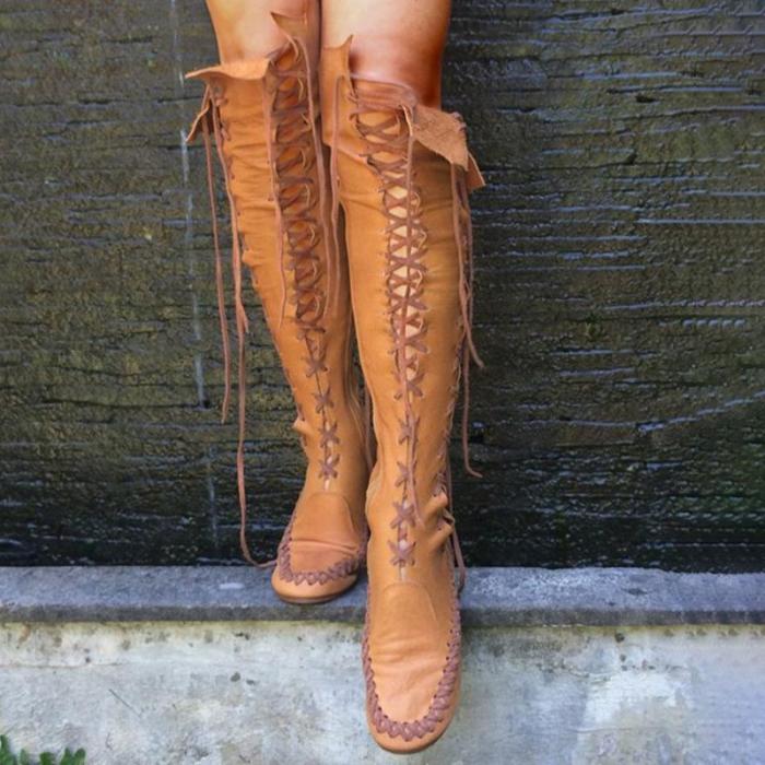 Women PU Booties Casual Lace Up Knee Length Flat Shoes