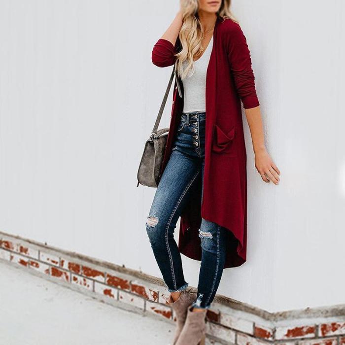 Casual Long Sleeve Pure Color High-Low Cardigan