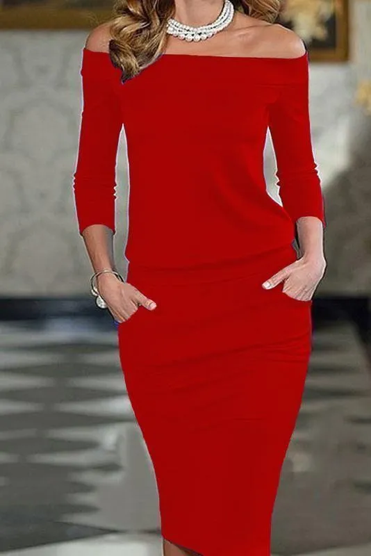 Elegant Fashion Plain Off Shoulder Long Sleeve Bodycon Dress