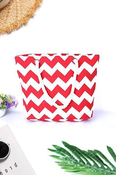 Women's Beach Zigzag Stripe Zipper Canvas Tote Bag