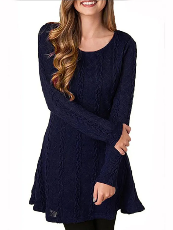 Casual Solid Knitted Crew Neck Long Sleeve Plus Size Dress