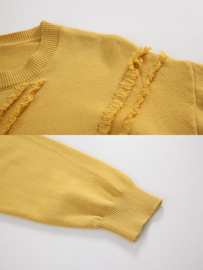 Handmade Frayed Round Neck Knitted Solid Long Sleeve Sweaters