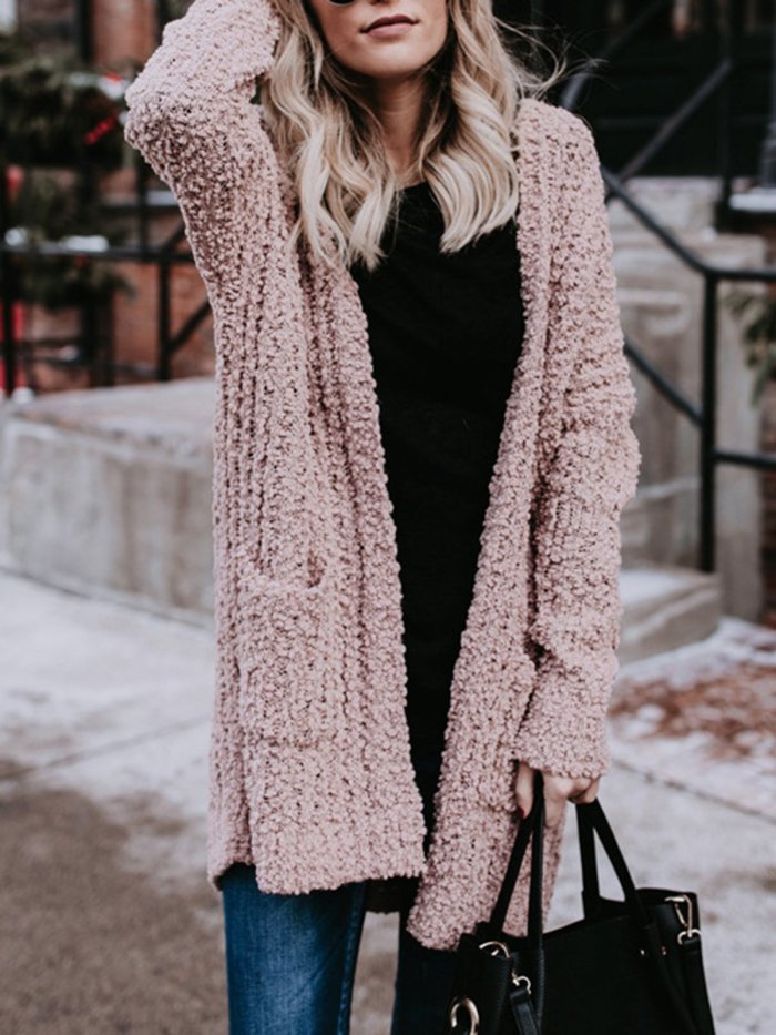 Acrylic Solid Long Sleeve Pockets Cardigans