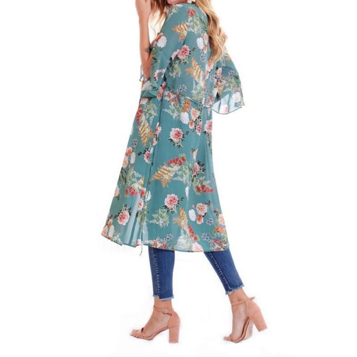 Female European And American Printed Chiffon Bat Sun Protective Cardigan