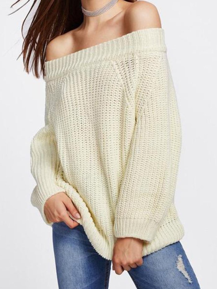 Solid Color One Word Collar Long Sleeve Sweater