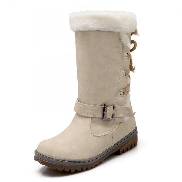Womens Snow Boots Buckle Fur Lining Mid Calf Flat Boots