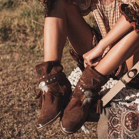 Brown Tassel Spring/fall Chunky Heel Faux Suede Boots