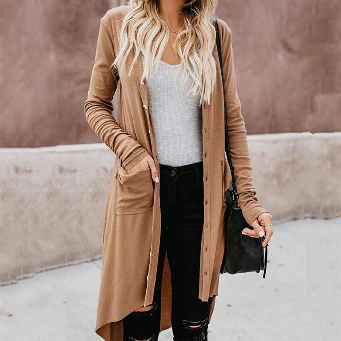 Casual Long Sleeve Pure Color High-Low Cardigan