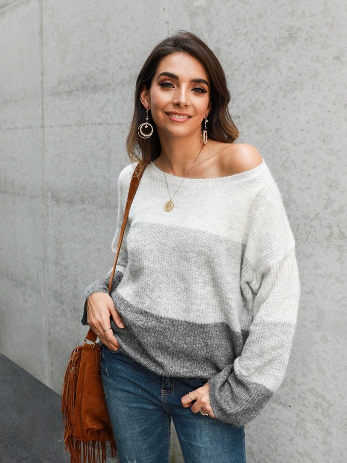 Gray White Ombre/tie-Dye Color-Block Casual Sweaters