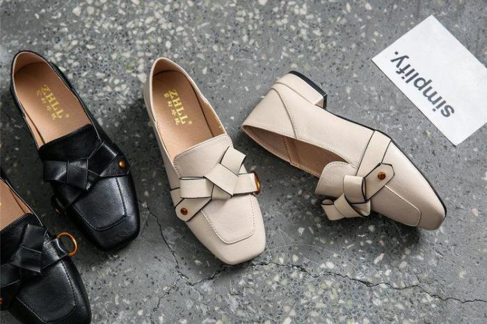 Natural Real Leather Bow Square Toe Flat Boat Shoes