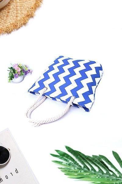 Women's Beach Zigzag Stripe Zipper Canvas Tote Bag