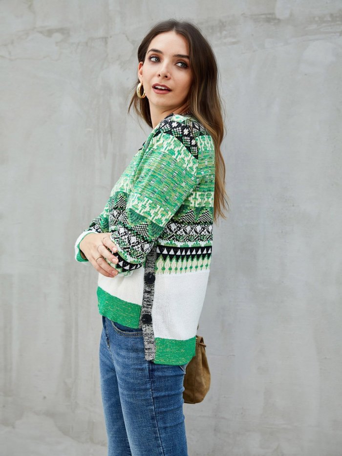 Green Knitted Color-Block Tribal Long Sleeve Sweaters