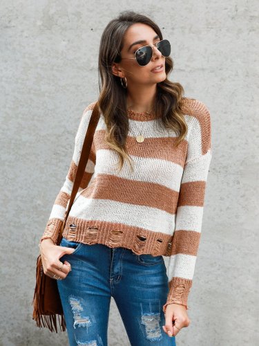 Long Sleeve Stripes Knitted Shirts & Tops