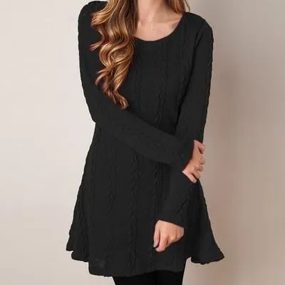 Casual Solid Knitted Crew Neck Long Sleeve Plus Size Dress