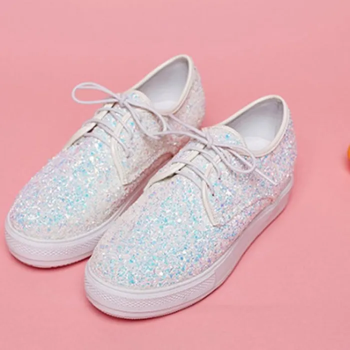 Casual Brisk Paillette Lace-Up Wedges Heels Sneakers