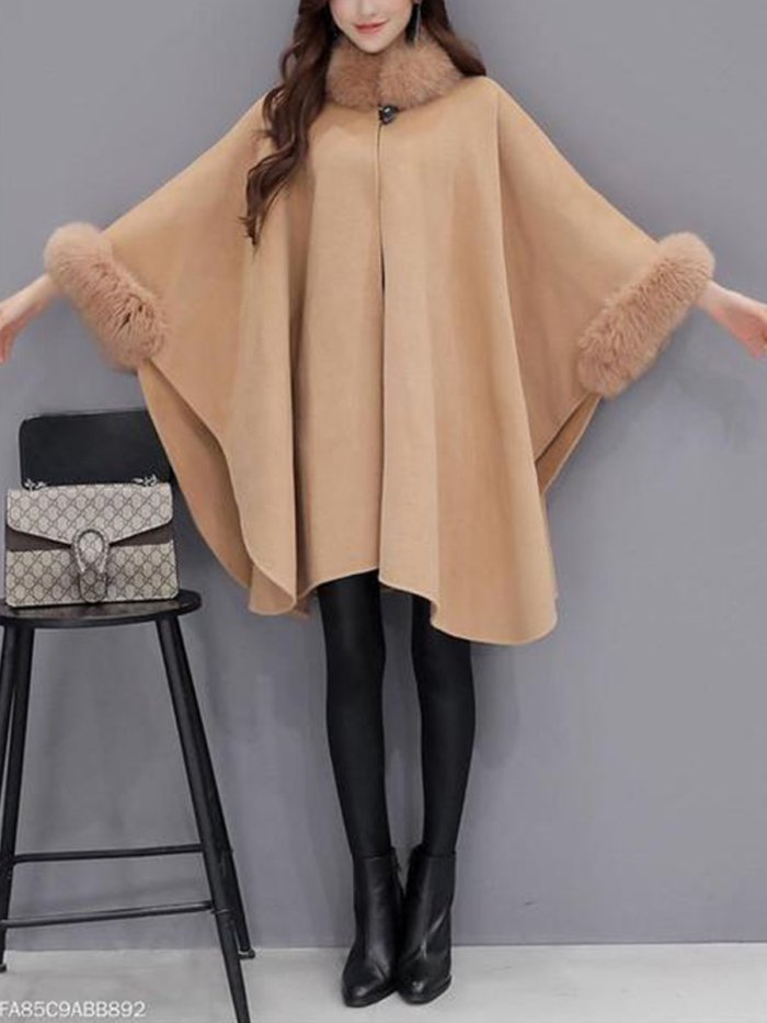 Hairy Collar Temperament Pure Color Shawl Coat