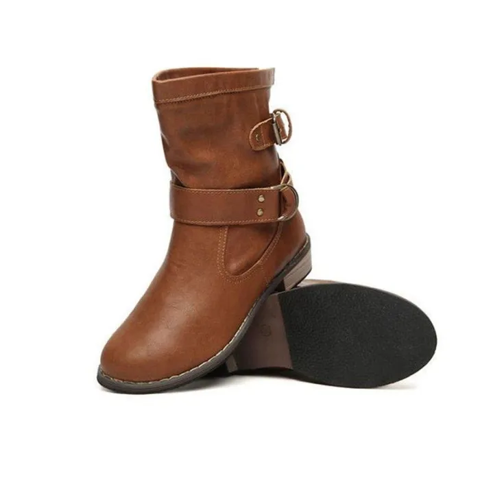 Buckle Strap Boots Women Mid-Calf Shoes