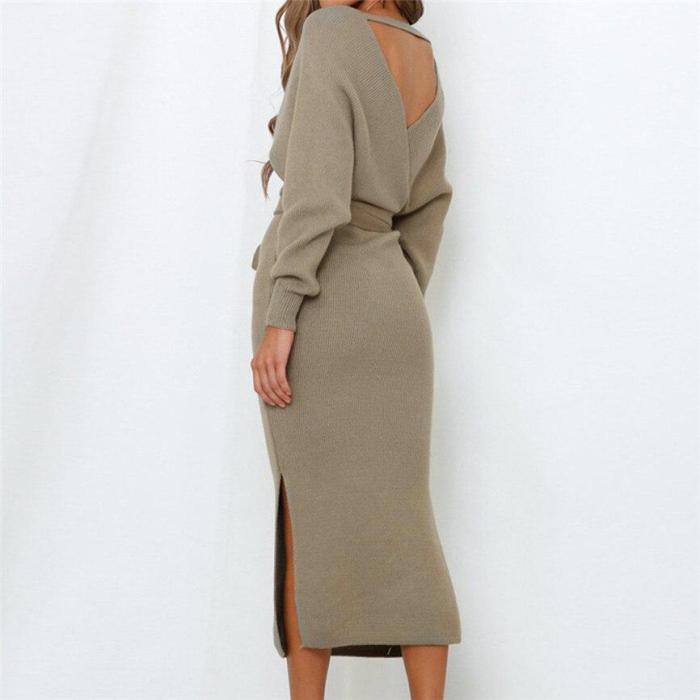 Batwing Sleeve Female Sweater Dress Elegant Party Ladies Bodycon Midi