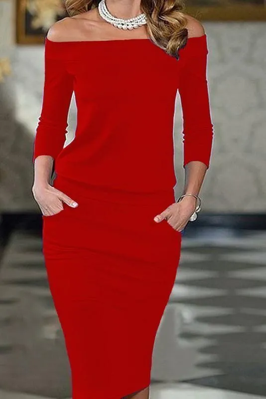 Elegant Fashion Plain Off Shoulder Long Sleeve Bodycon Dress