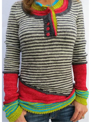 Color-Block Striped Long Sleeve Women's Sweaters