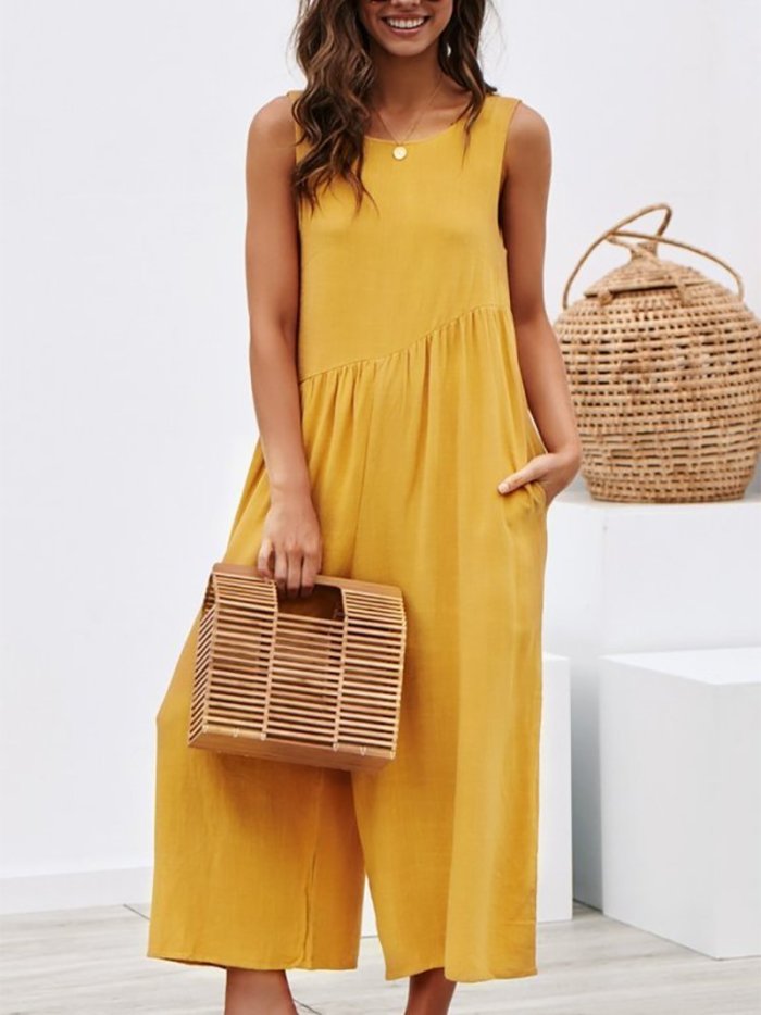 Fashion Pure Colour Sleeveless Vest Jumpsuits